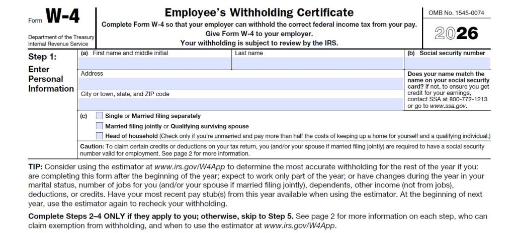 2026 W-4 form Step 1 personal information section