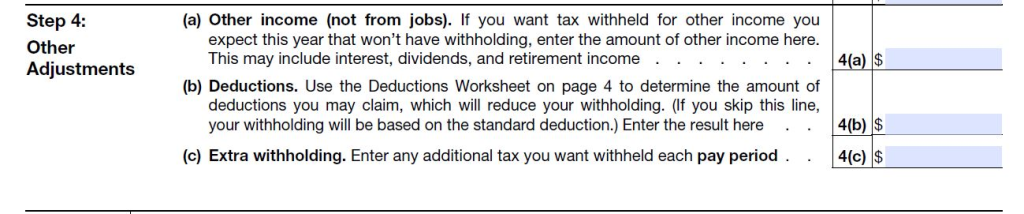 2026 W-4 form Step 4 other adjustments section