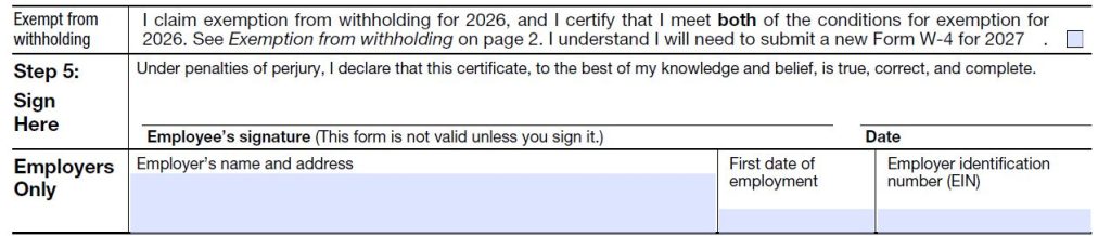 2026 W-4 form Step 5 sign here exempt from withholding