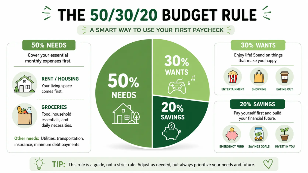 50 30 20 budget rule example for a first paycheck