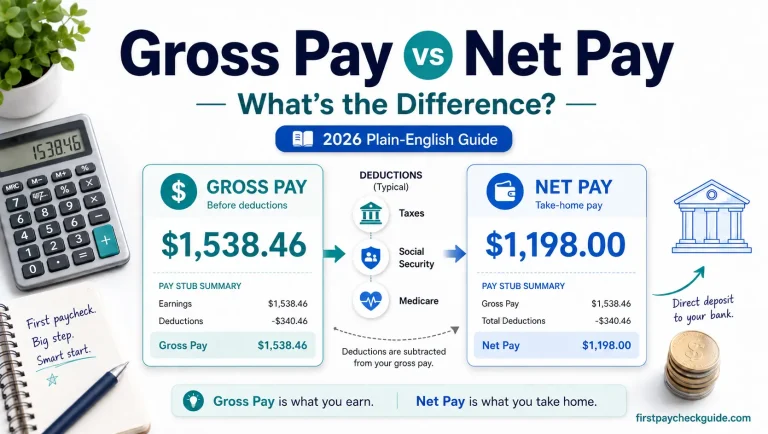 Gross pay vs net pay comparison showing gross pay before deductions and net pay after taxes, Social Security, and Medicare
