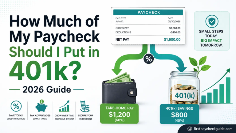 How much of my paycheck should I put in 401k infographic showing paycheck split between take-home pay and 401(k) savings