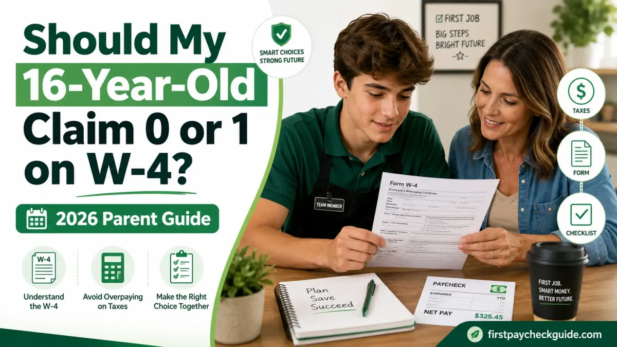 Should My 16 Year Old Claim 0 or 1 on W-4, infographic showing a parent and teenager reviewing a 2026 W-4 form