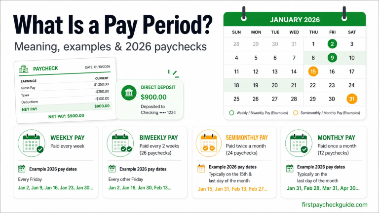 What is a pay period infographic showing weekly, biweekly, semimonthly, and monthly paycheck schedules for 2026