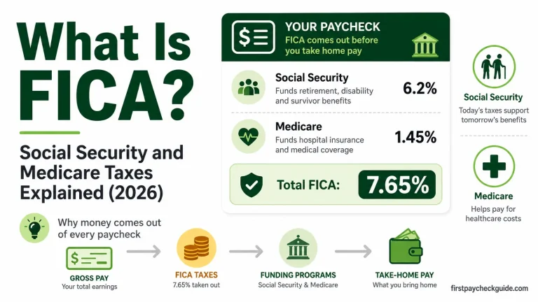 What is FICA infographic showing Social Security tax at 6.2%, Medicare tax at 1.45%, and total FICA at 7.65%