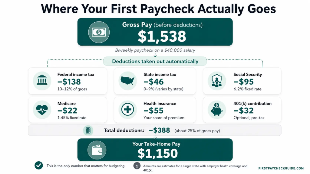 Infographic showing where your first paycheck goes before take-home pay