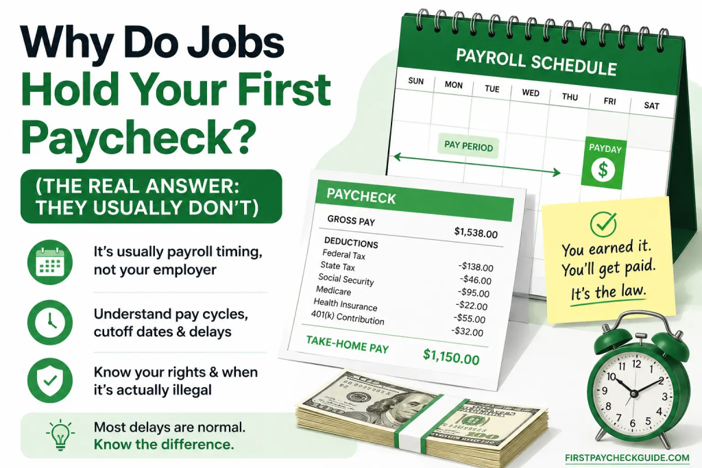 why do jobs hold your first paycheck payroll timeline explained