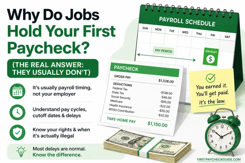 why do jobs hold your first paycheck payroll timeline explained