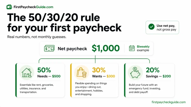 50/30/20 rule for a first paycheck showing a $1,000 net biweekly paycheck split into $500 needs, $300 wants, and $200 savings