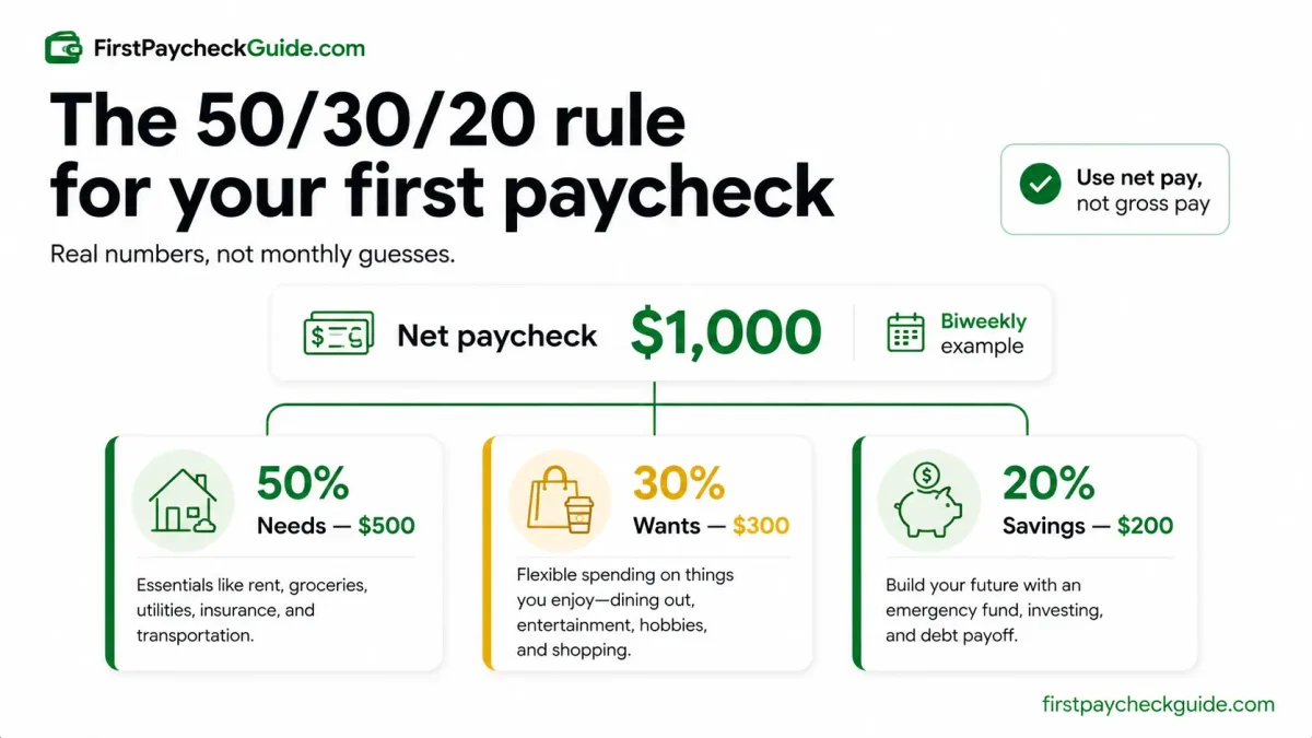 50/30/20 rule for a first paycheck showing a $1,000 net biweekly paycheck split into $500 needs, $300 wants, and $200 savings