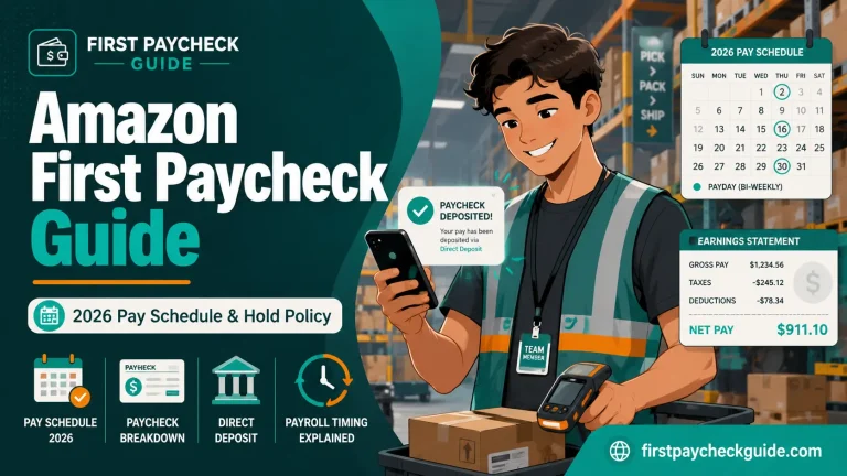 Amazon first paycheck guide image showing a warehouse associate checking payday, direct deposit, and 2026 pay schedule