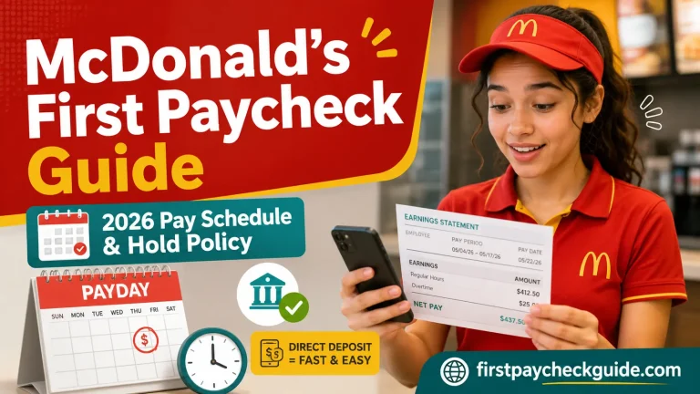 McDonald's first paycheck guide image showing a crew member checking payday, direct deposit, and 2026 pay schedule