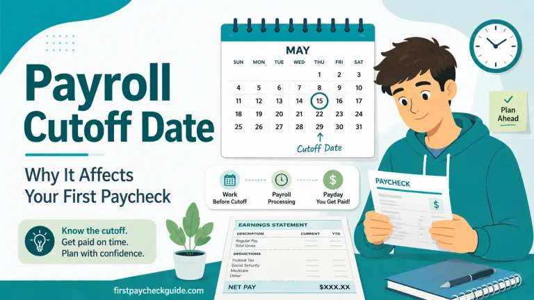 Illustration explaining how a payroll cutoff date affects a new worker’s first paycheck.