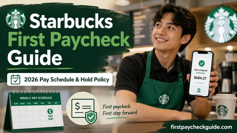 Starbucks first paycheck guide image showing a barista checking direct deposit and 2026 pay schedule