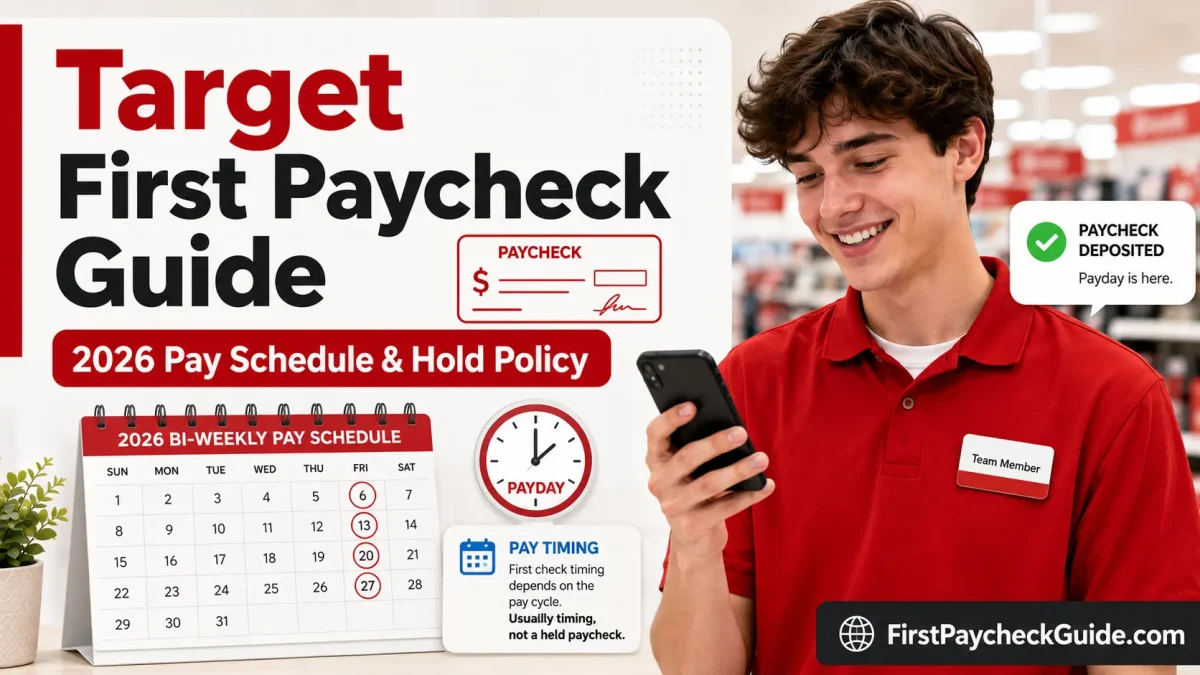 Target first paycheck guide image showing a new team member checking payday and 2026 bi-weekly pay schedule