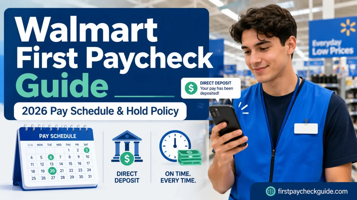 Walmart first paycheck guide image showing a new associate checking direct deposit and 2026 pay schedule