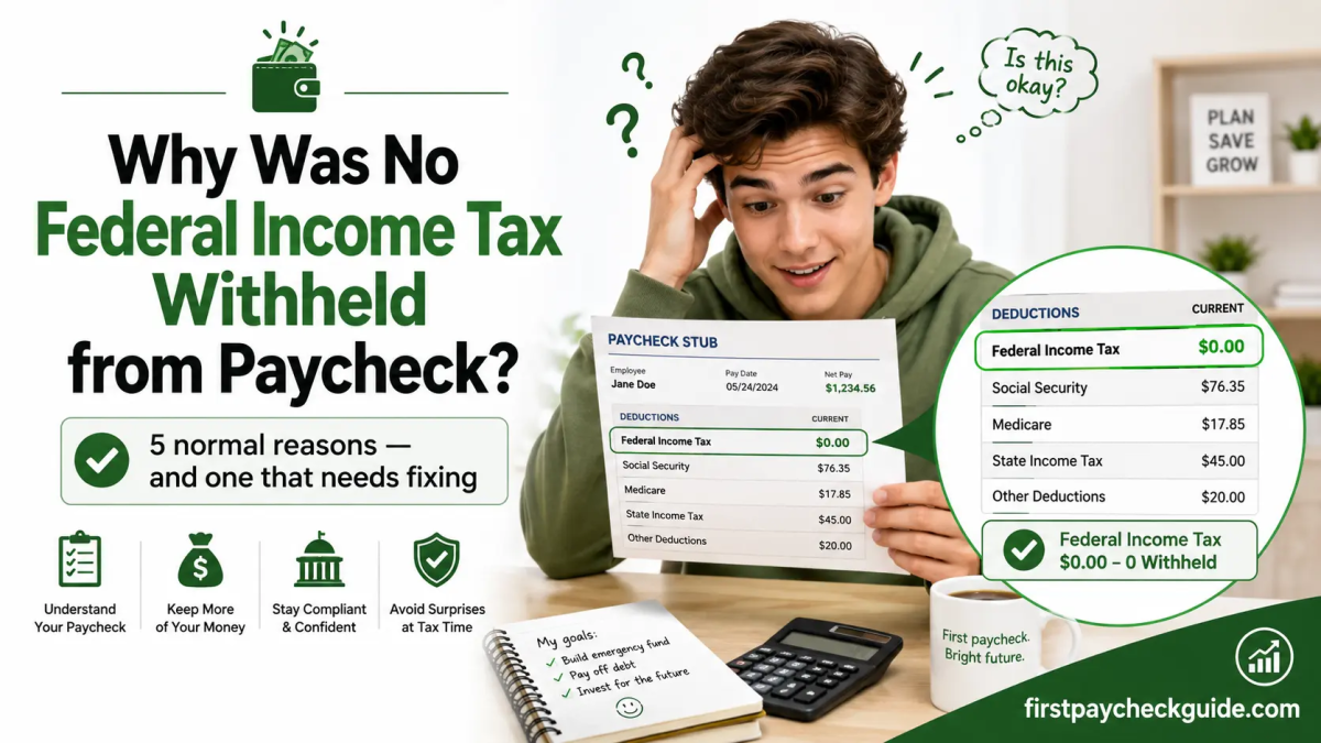 Why was no federal income tax withheld from paycheck infographic showing a pay stub with $0 federal tax, Social Security, and Medicare deductions