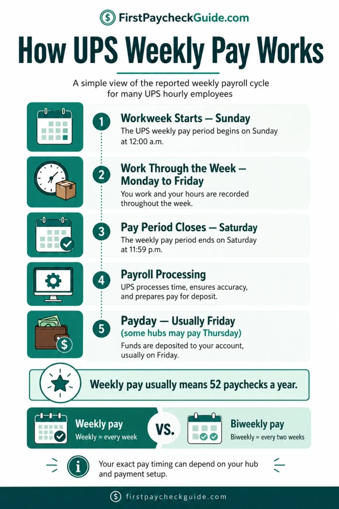 Vertical infographic explaining the reported UPS weekly pay cycle from Sunday workweek start to Saturday close and Friday payday