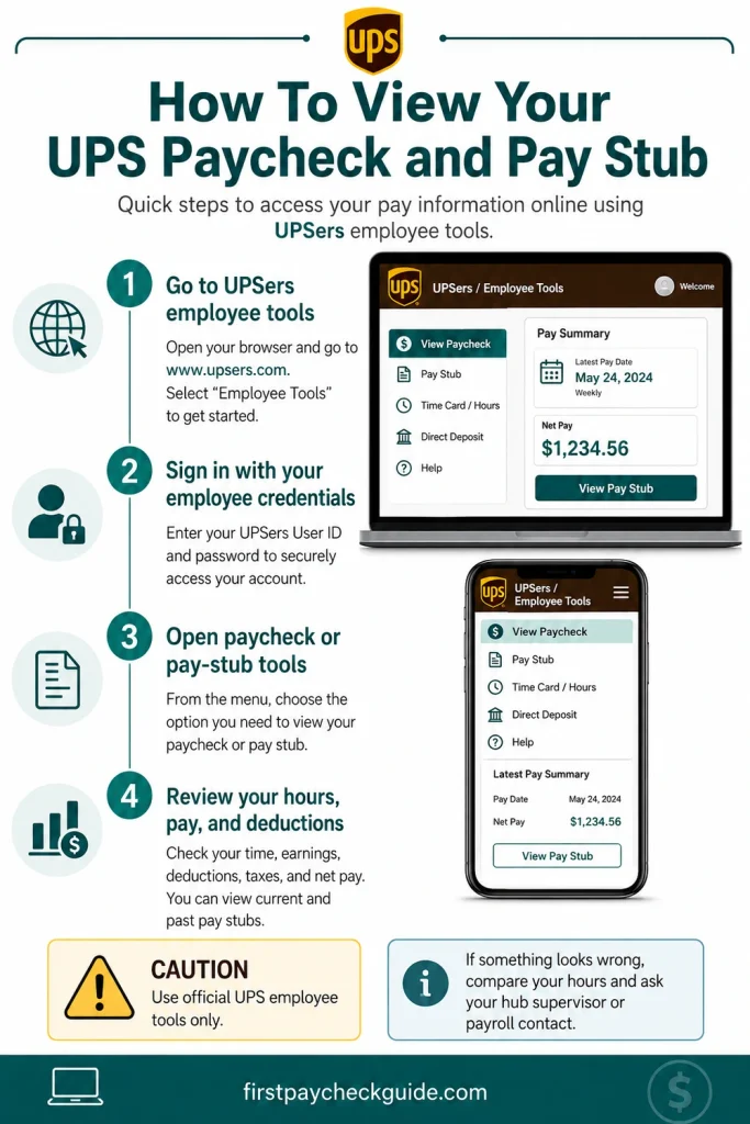 Step-by-step infographic showing how to access a UPS paycheck and pay stub online through UPS employee tools