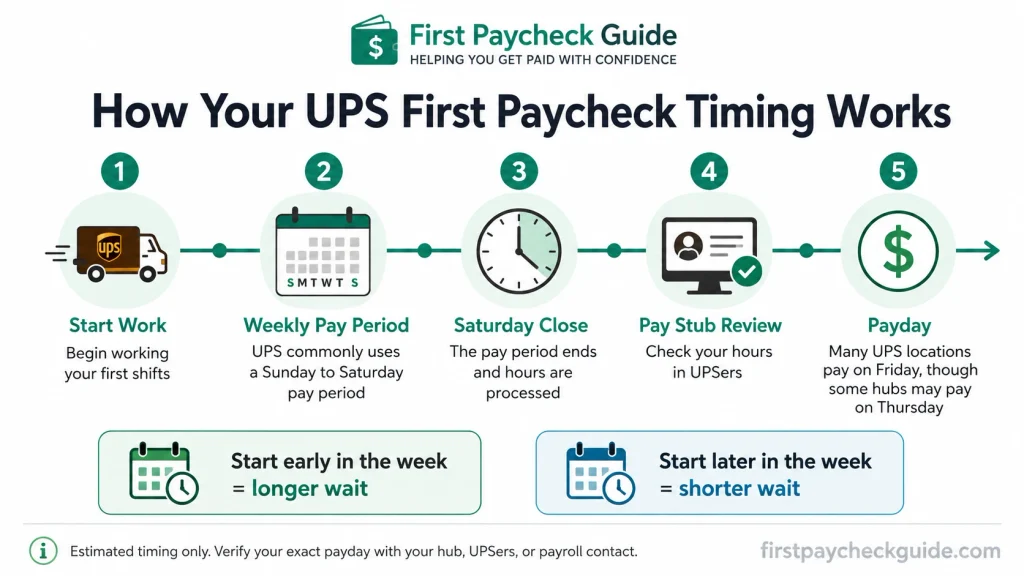 Infographic showing how a UPS first paycheck moves from first shifts to weekly pay period close, pay stub review, and payday