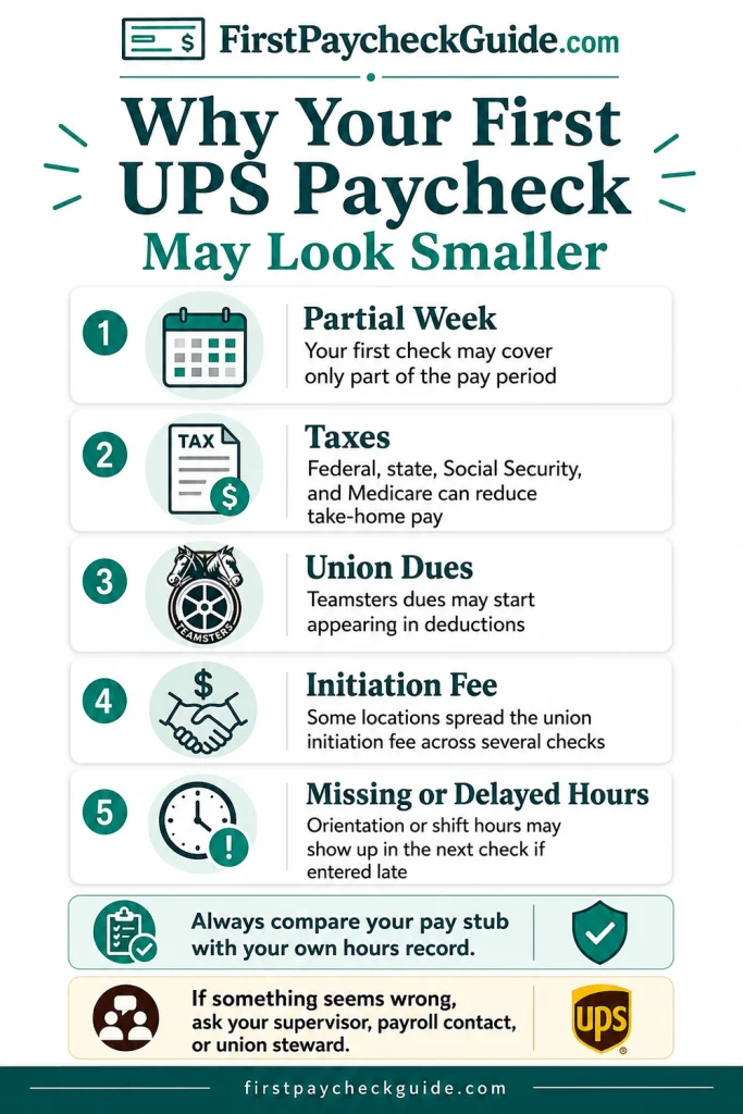 Infographic showing reasons a first UPS paycheck may look smaller, including a partial week, taxes, union dues, initiation fee, and delayed hours