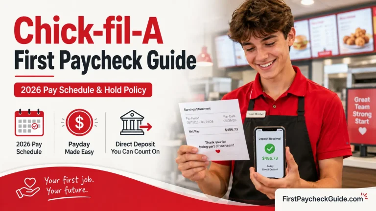 Chick-fil-A first paycheck guide image showing a new team member checking a pay stub and direct deposit