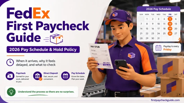 Young FedEx package handler checking a pay stub and phone with a Friday payday calendar in a warehouse