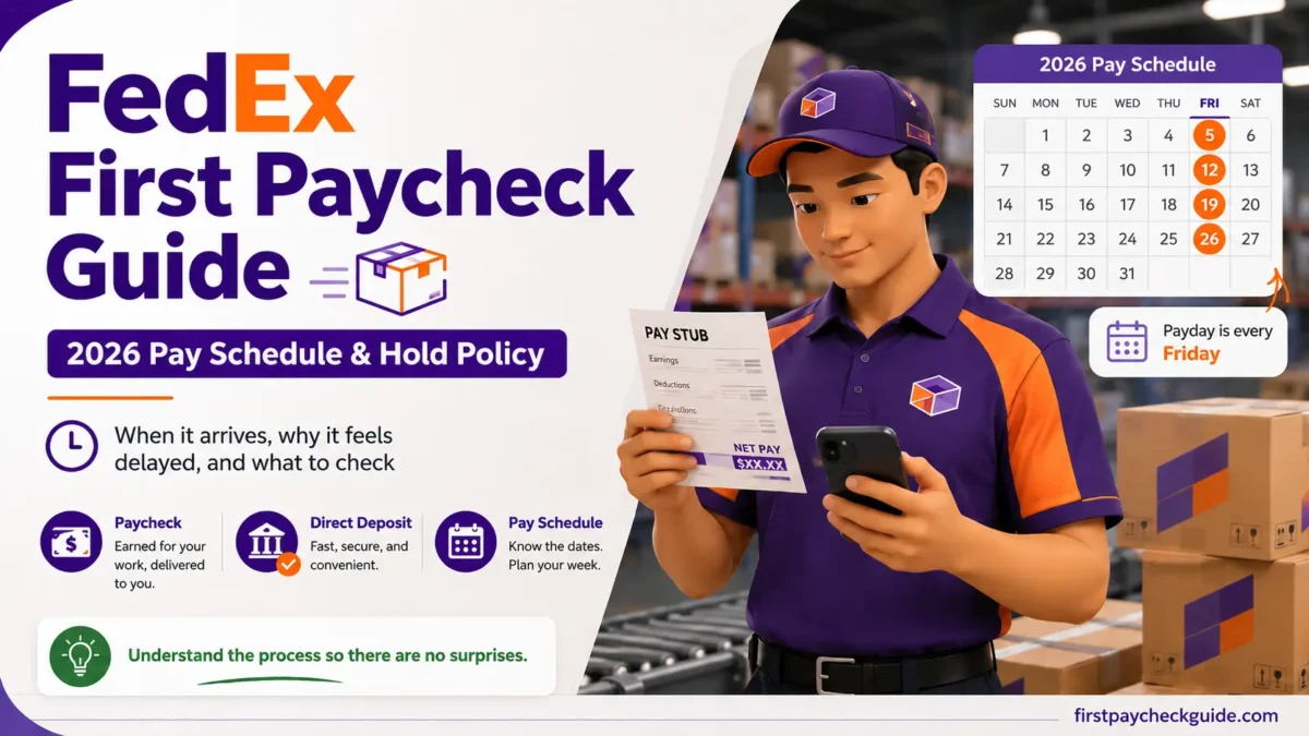 Young FedEx package handler checking a pay stub and phone with a Friday payday calendar in a warehouse