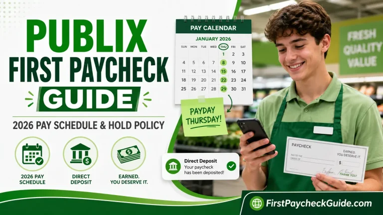 Publix first paycheck guide image showing a grocery store associate checking Thursday payday and direct deposit