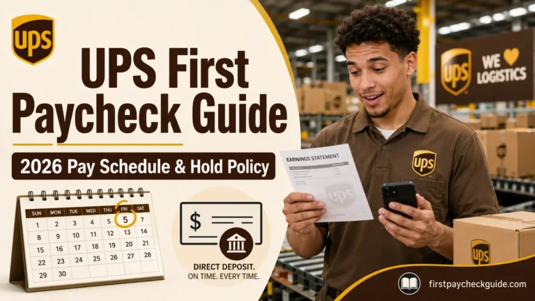 Young UPS package handler checking a pay stub and phone with a Friday payday calendar for the UPS first paycheck guide.
