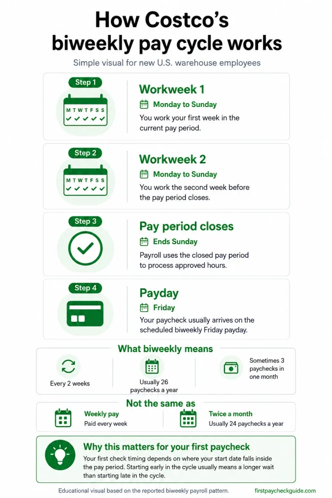 Infographic explaining Costco’s reported biweekly pay cycle with two workweeks, Sunday pay-period close, and Friday payday