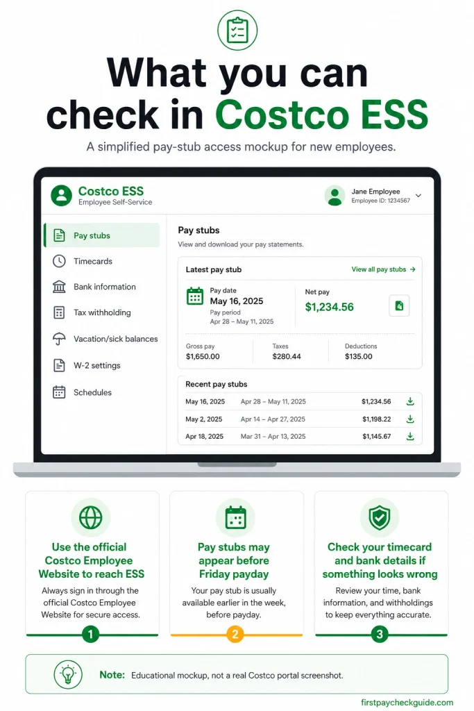 Educational mockup showing Costco ESS payroll features such as pay stubs, timecards, bank information, tax withholding, W-2 settings, and schedules