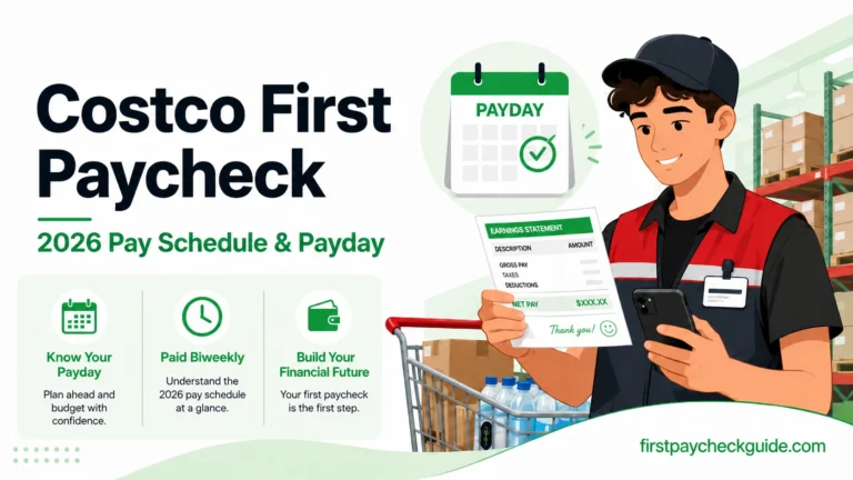 Costco first paycheck featured image showing a new warehouse employee with a pay stub, payday calendar, and 2026 biweekly pay schedule