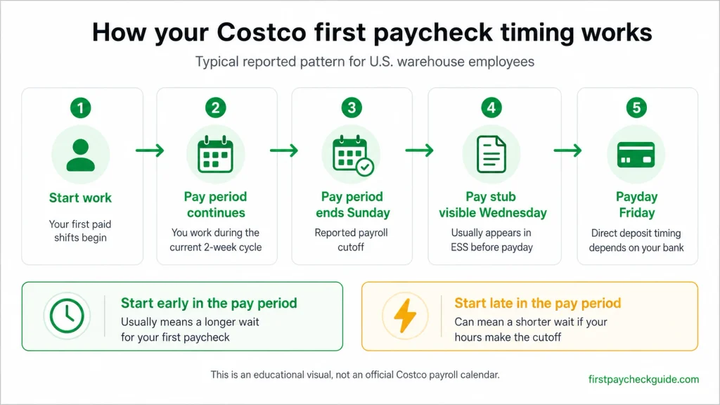 Costco first paycheck timeline showing the reported two-week pay period, Sunday cutoff, Wednesday pay stub, and Friday payday