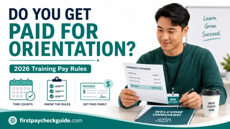 Featured image for a guide explaining whether job orientation and training are paid, when orientation pay appears, and 2026 training pay rules