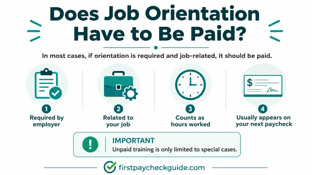 Do you get paid for orientation? Infographic explaining that required, job-related orientation generally counts as paid work time and usually appears on a regular paycheck