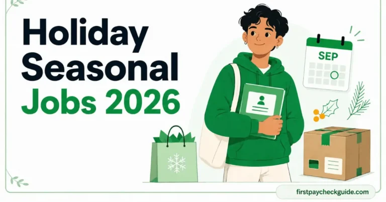 Holiday seasonal jobs 2026 illustration with a job application, September calendar, retail bag, and delivery package
