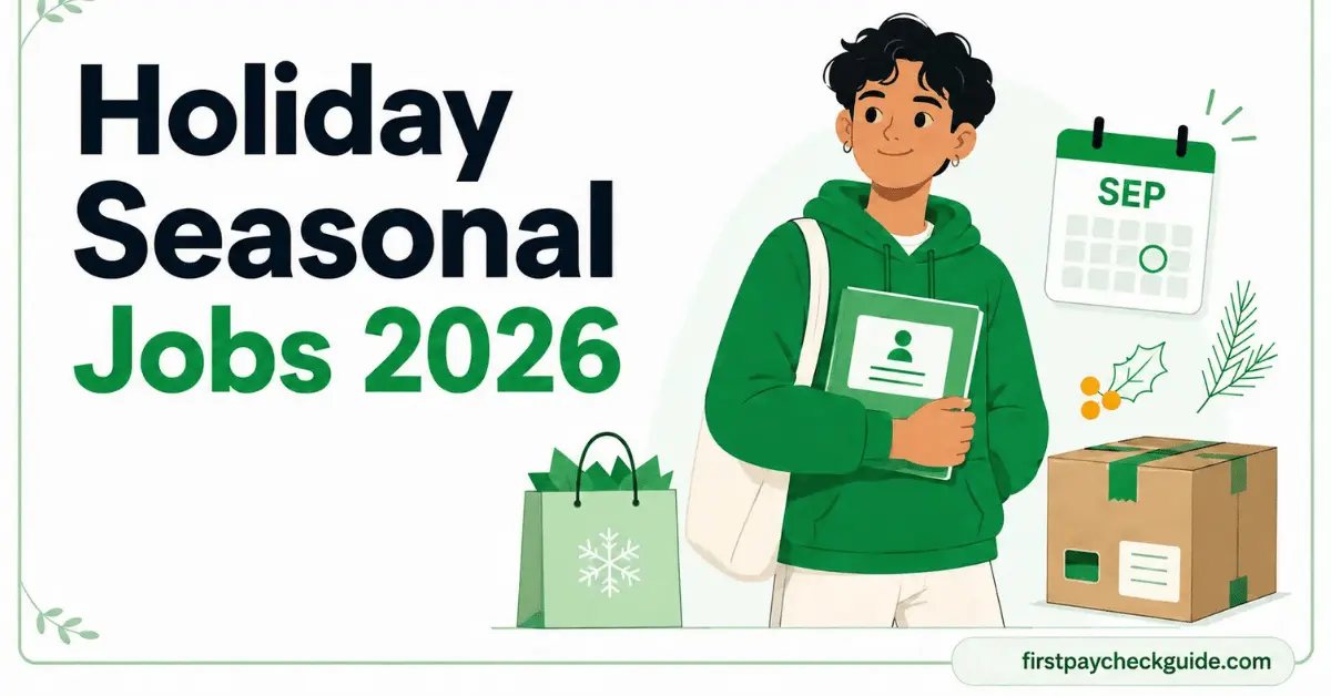 Holiday seasonal jobs 2026 illustration with a job application, September calendar, retail bag, and delivery package