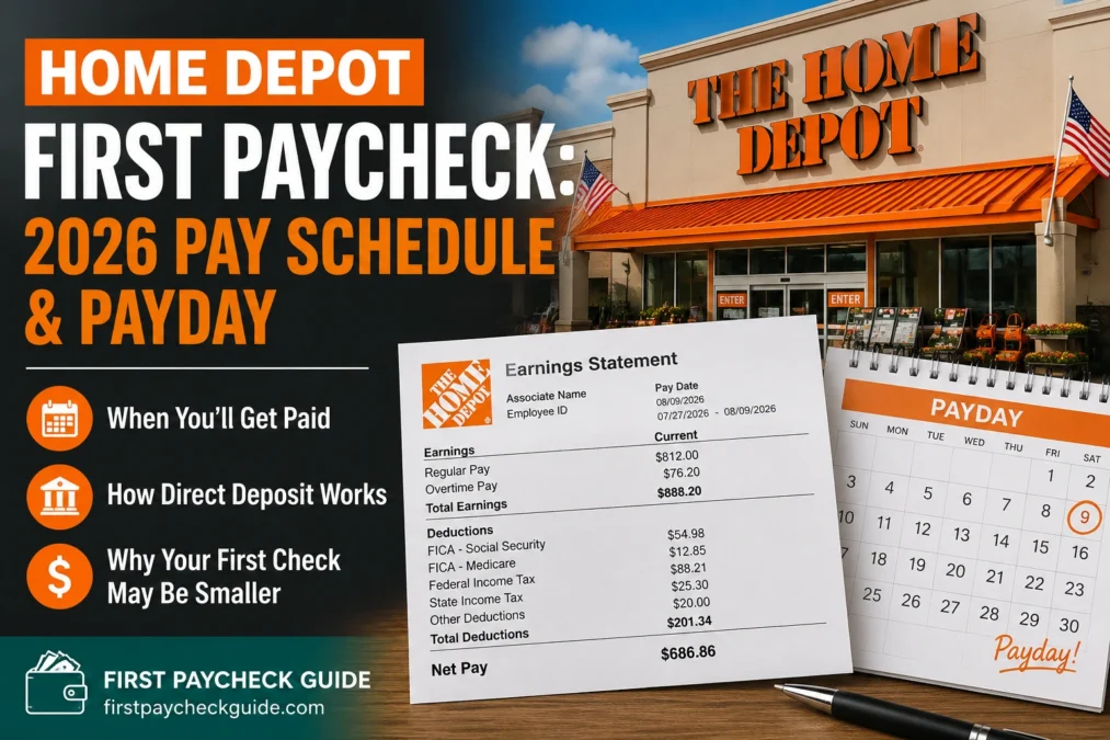Home Depot first paycheck 2026 guide with payday calendar, earnings statement, direct deposit, and first-check timing