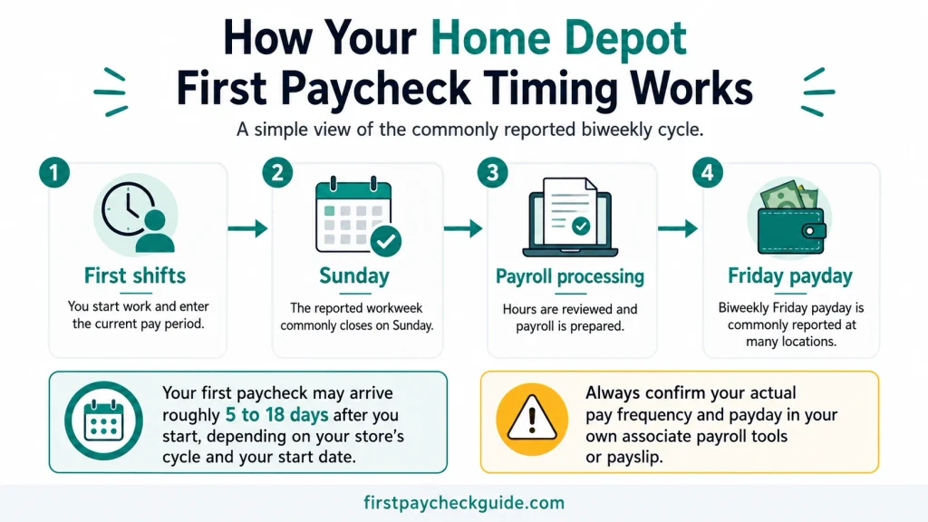 Infographic showing the commonly reported Home Depot first paycheck timeline from first shifts and Sunday pay-period close to payroll processing and Friday payday