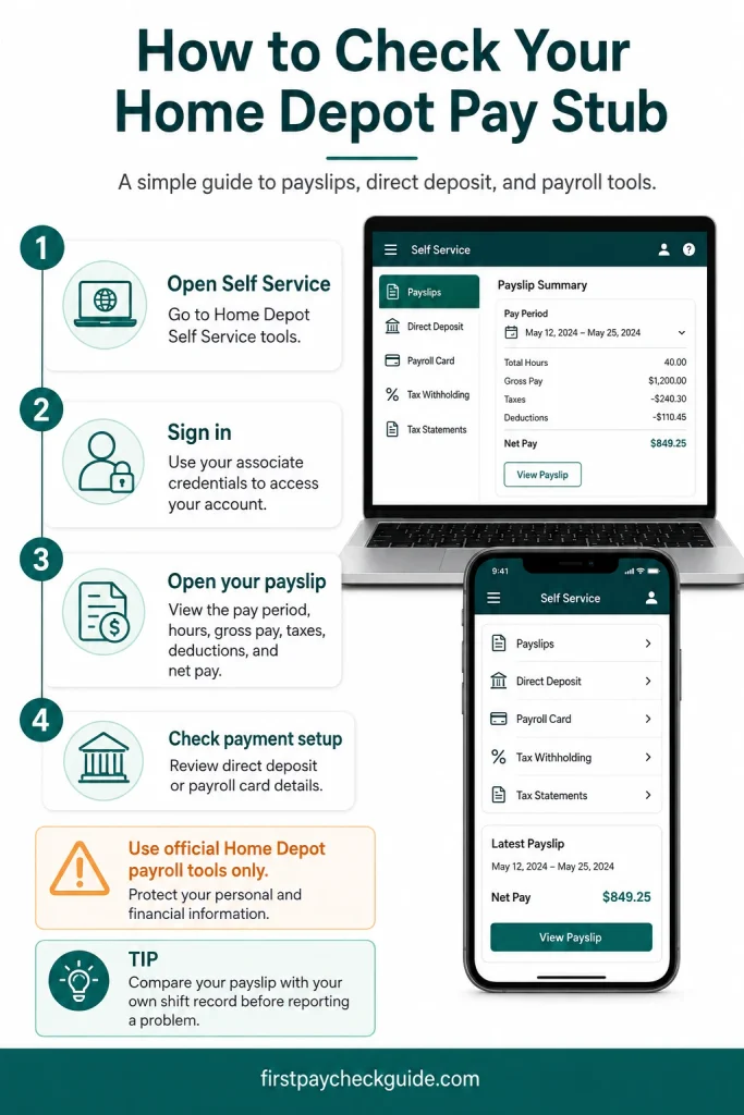 Educational infographic showing how to check a Home Depot pay stub, direct deposit, payroll card, tax withholding, and tax statements through Self Service