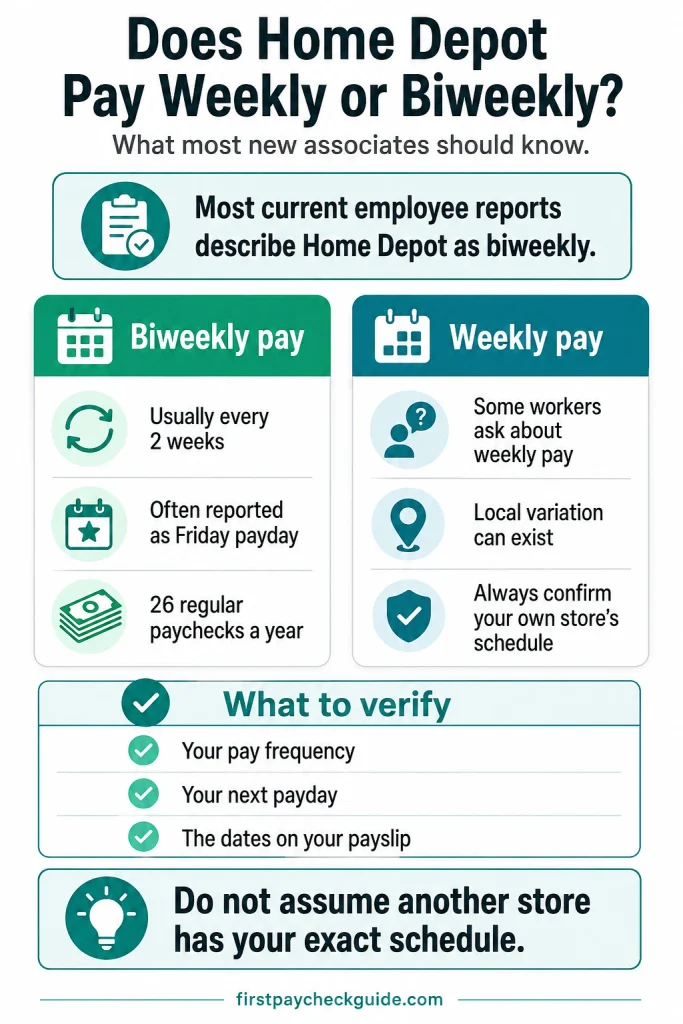 Infographic comparing the commonly reported Home Depot biweekly pay schedule with possible local weekly-pay variations