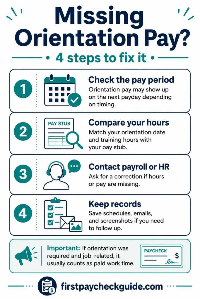 Infographic showing four steps to take when orientation pay is missing: check the pay period, compare hours, contact payroll or HR, and keep records