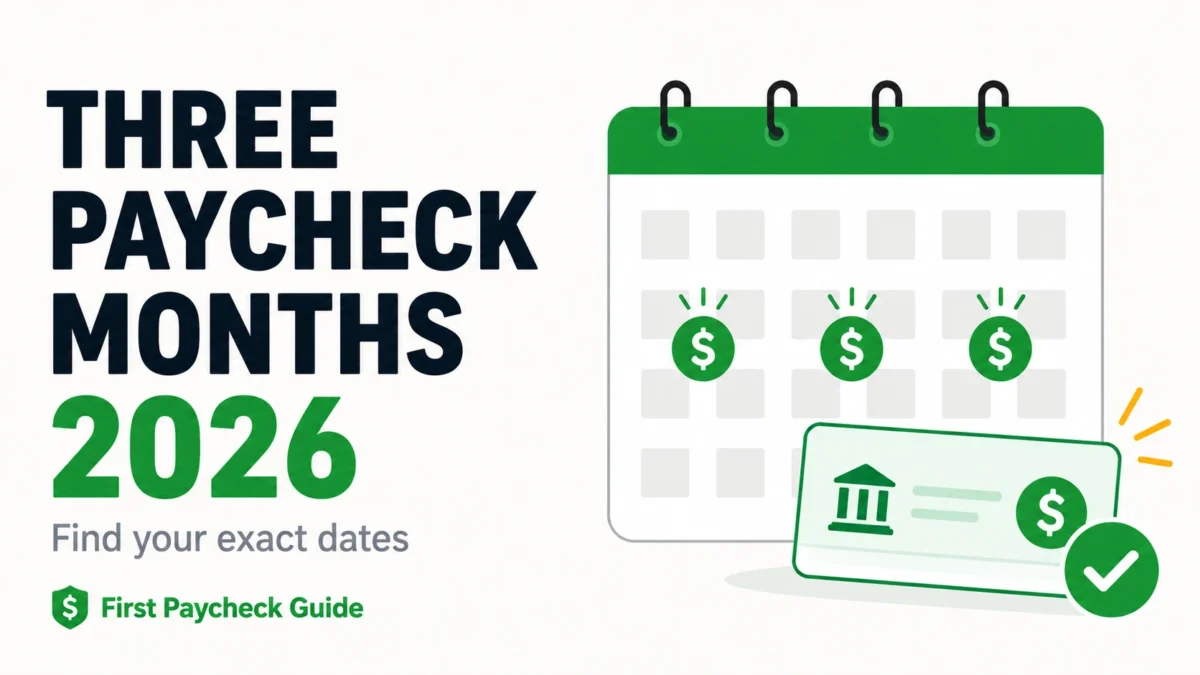 Three paycheck months 2026 calendar with three payday markers and a direct-deposit illustration