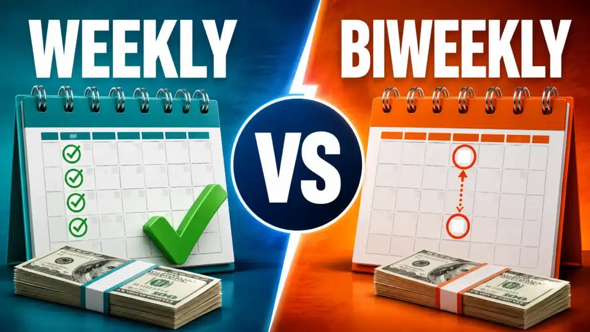 Weekly or biweekly pay comparison showing calendars, paychecks, and a versus symbol