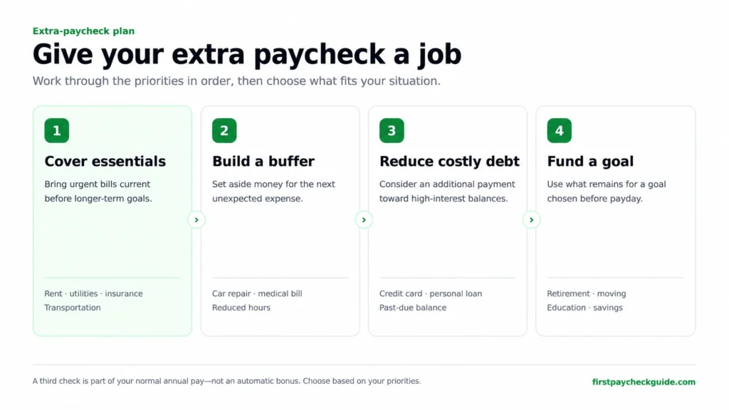 Four-step plan for an extra paycheck: cover essentials, build an emergency buffer, reduce high-interest debt, and fund a goal.