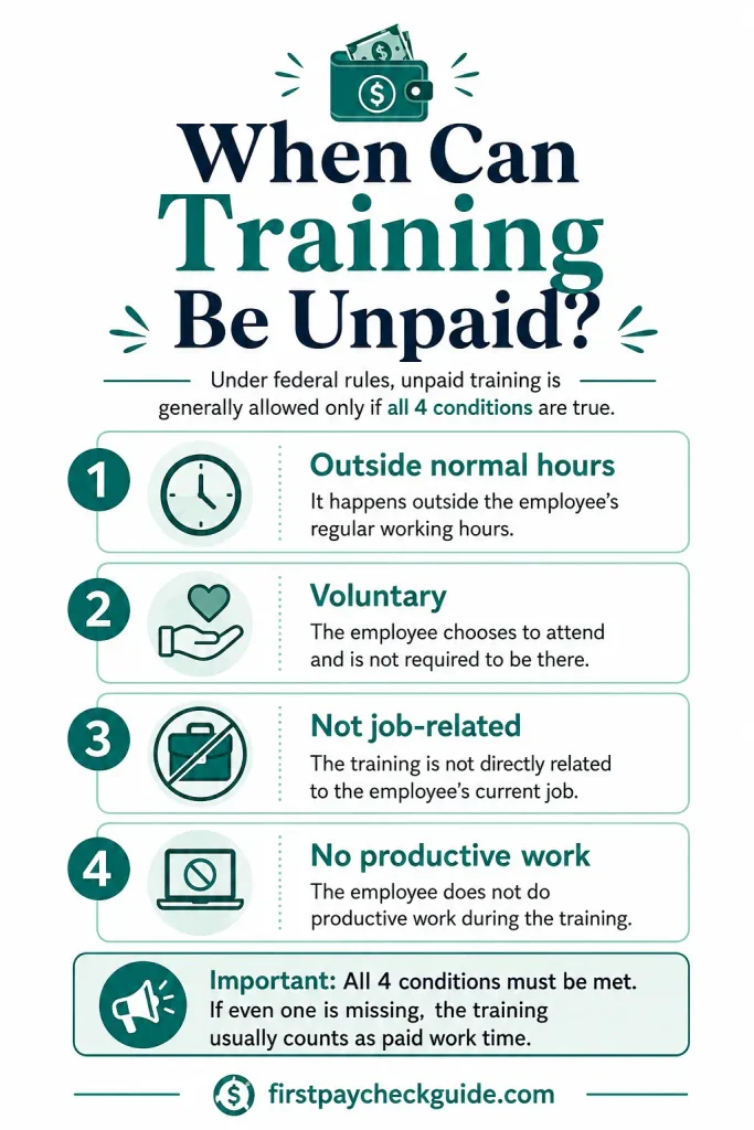 Infographic explaining the four federal conditions for training to be unpaid: outside normal hours, voluntary, not job-related, and no productive work