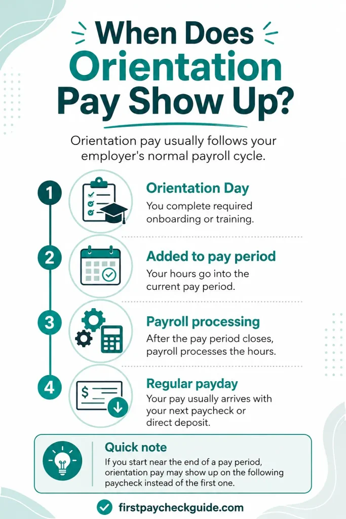 Infographic showing how orientation pay moves from orientation day to the pay period, payroll processing, and regular payday