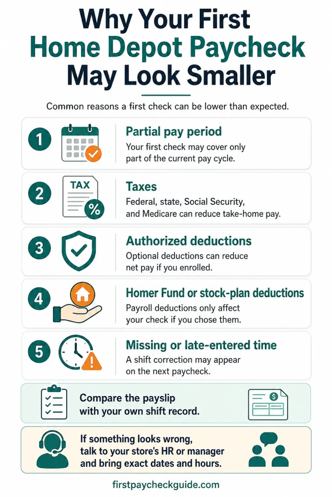 Infographic showing reasons a first Home Depot paycheck may be smaller, including a partial pay period, taxes, authorized deductions, Homer Fund deductions, and missing time
