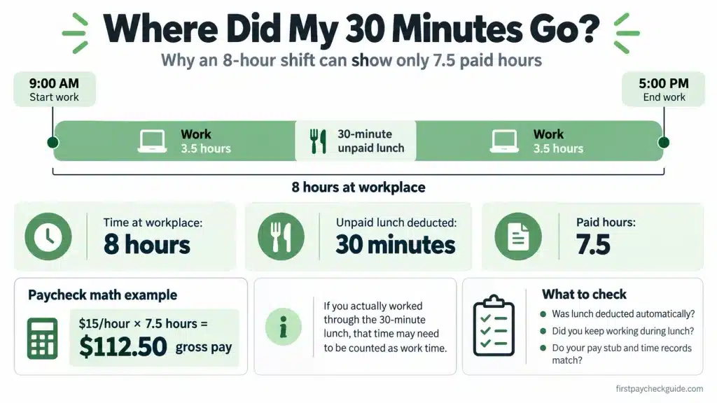 Timeline showing an 8 hour shift with a 30 minute unpaid lunch resulting in 7.5 paid hours and $112.50 gross pay at $15 per hour